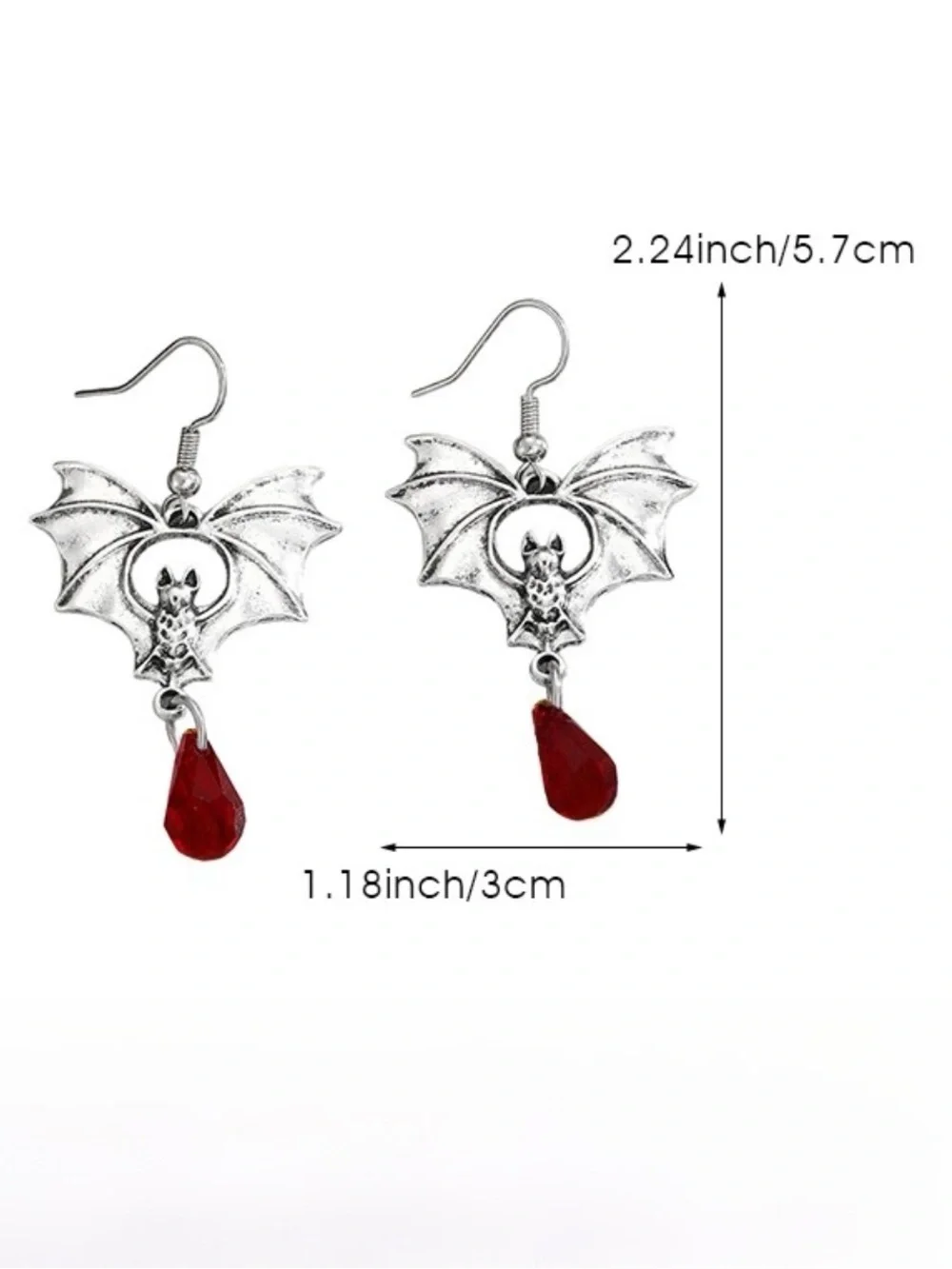 Red Crystal Silver Tone Bat Dangle Earrings Halloween Gothic Vampire Jewelry NEW